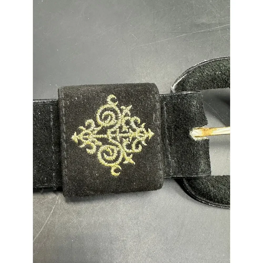 Sostanza Black Suede Western Belt Gold Embroidered Keeper Medium Made‎ in Taiwan